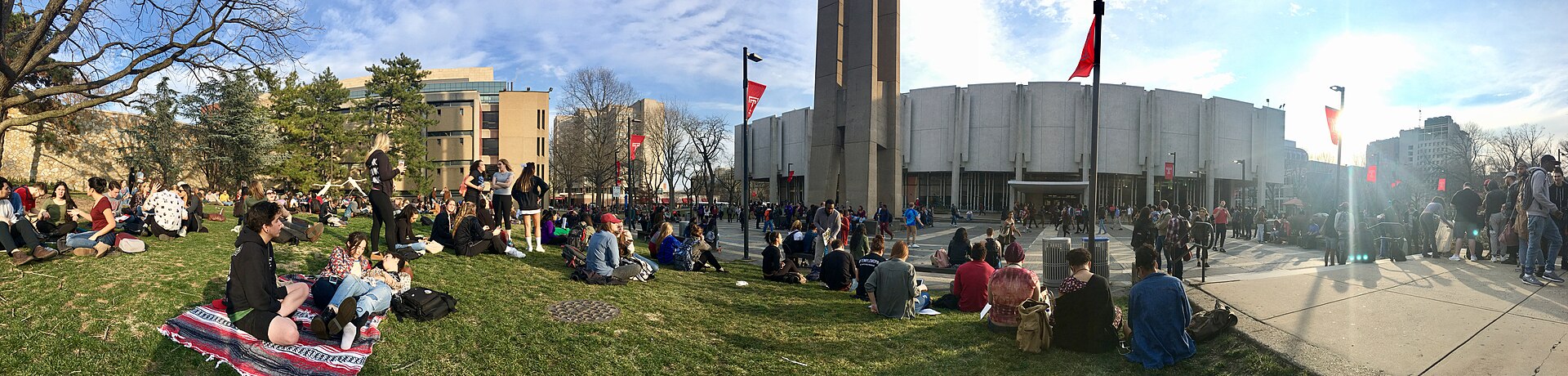 Panorama of Beury Beach, the Bell Tower and Paley Library